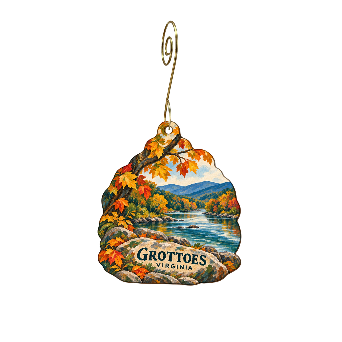 Town of Grottoes Parks and Tourism Department / Grand Caverns — Local inspiration custom wood ornament OC2221, photographic gold spiral hook