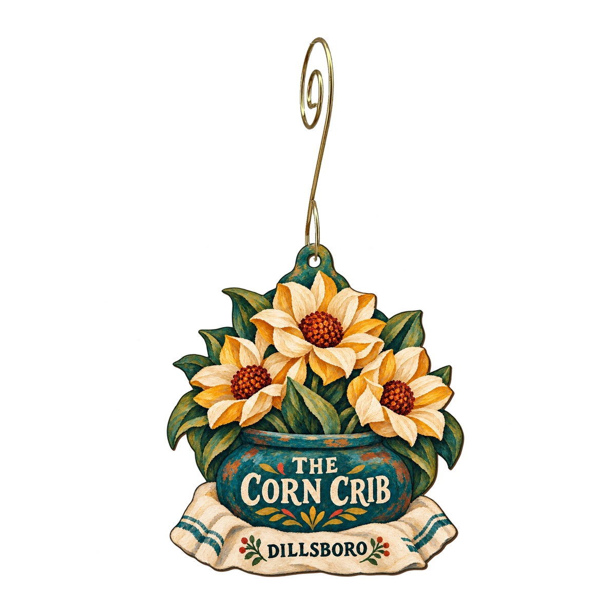 The Corn Crib — Store identity custom wood ornament OC2222, photographic gold spiral hook