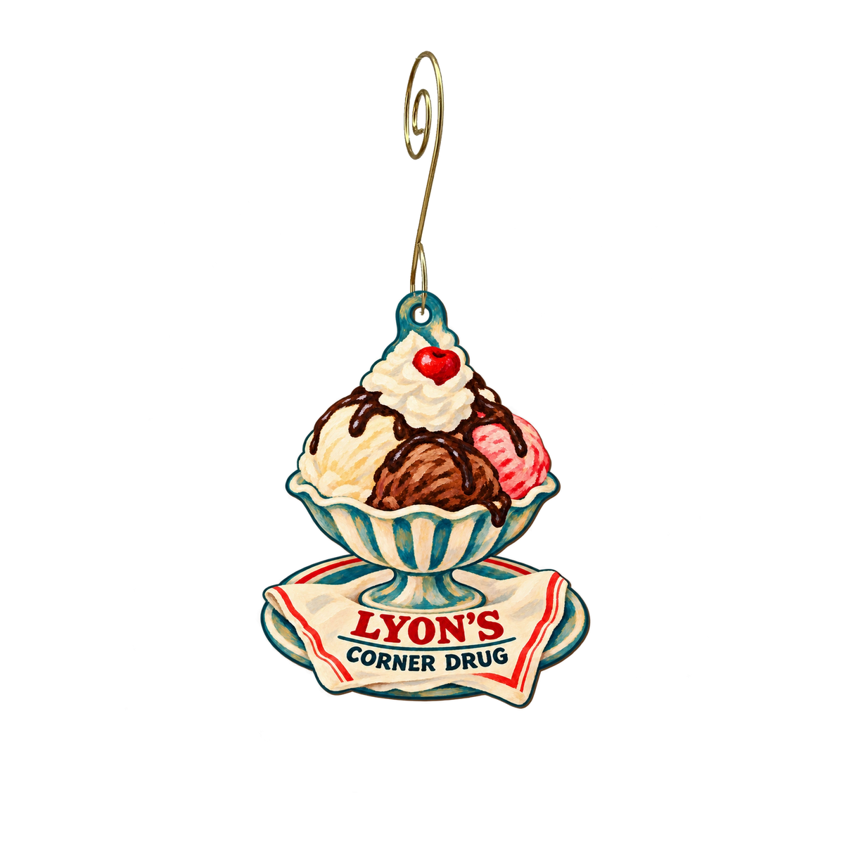 Lyon's Corner Drug & Soda Fountain — Store identity custom wood ornament OC2225, photographic gold spiral hook