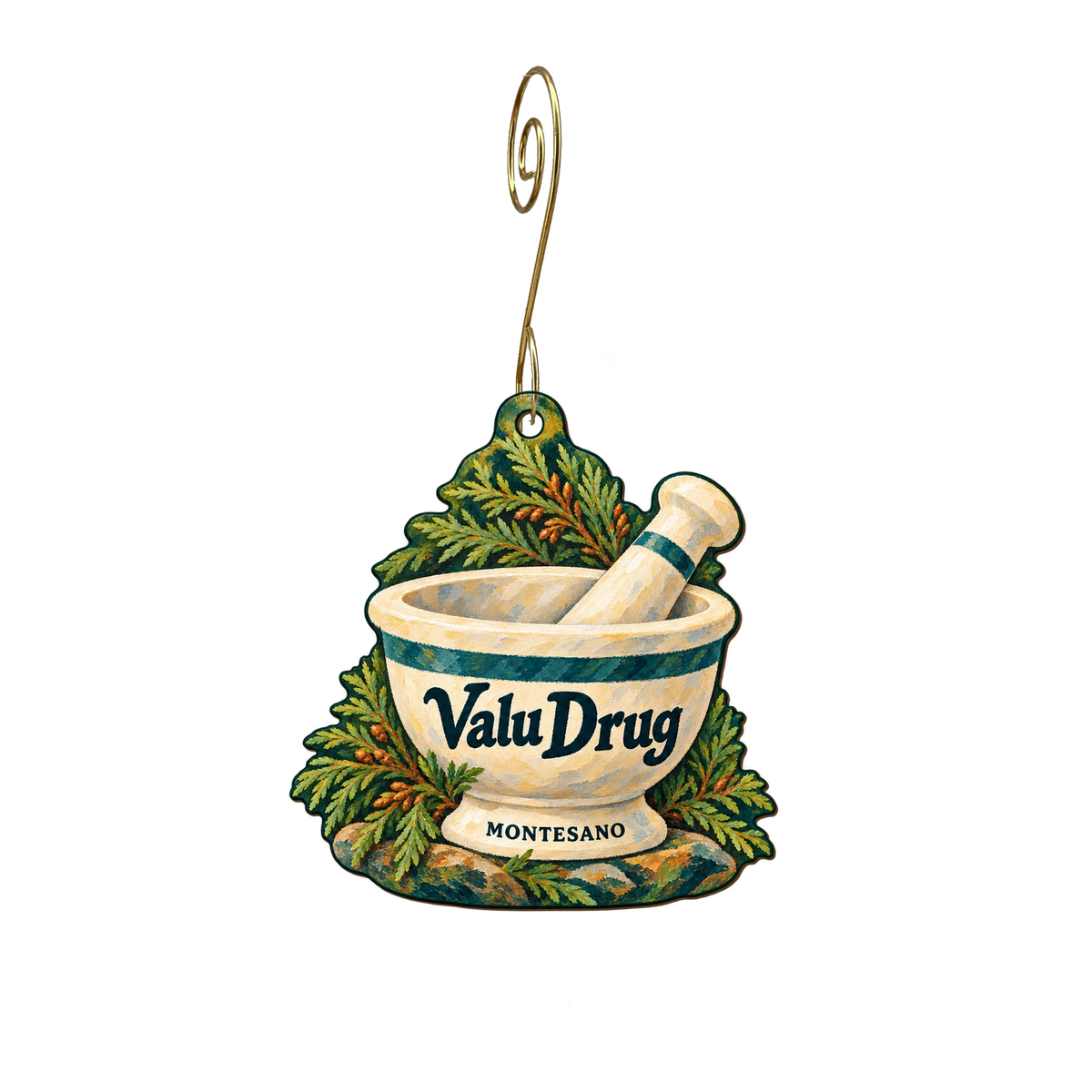 Valu drug — Store identity custom wood ornament OC2234, photographic gold spiral hook