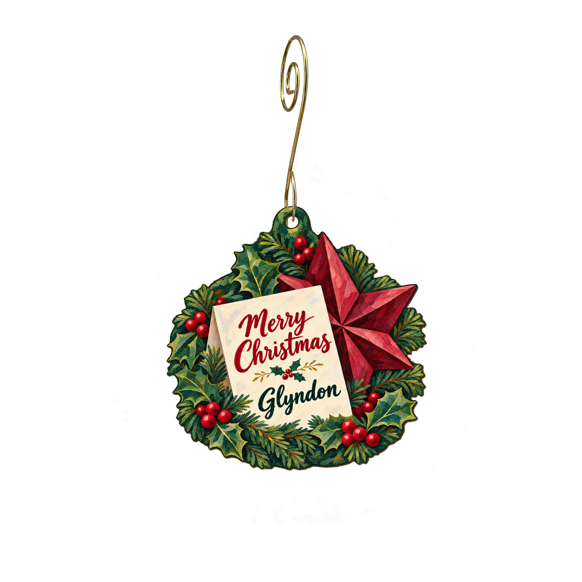 Charlottes Corner — Christmas custom wood ornament OC2238, photographic gold spiral hook