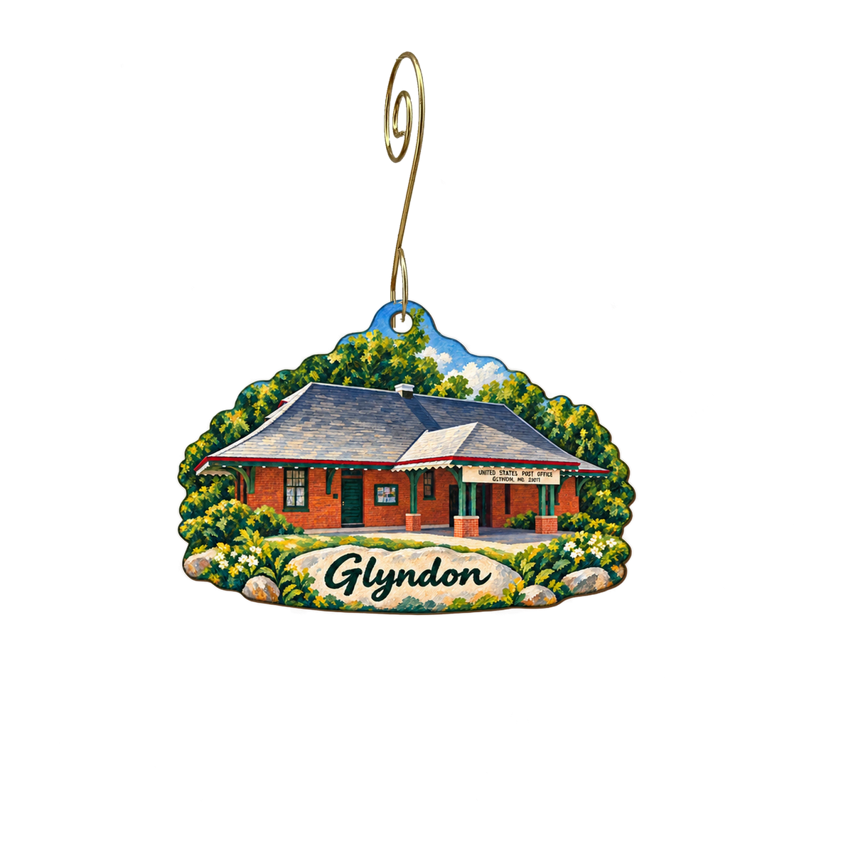 Charlottes Corner — Local inspiration custom wood ornament OC2239, photographic gold spiral hook