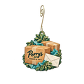 Perry's Parcel and Gift — Store identity custom wood ornament OC2240, photographic gold spiral hook