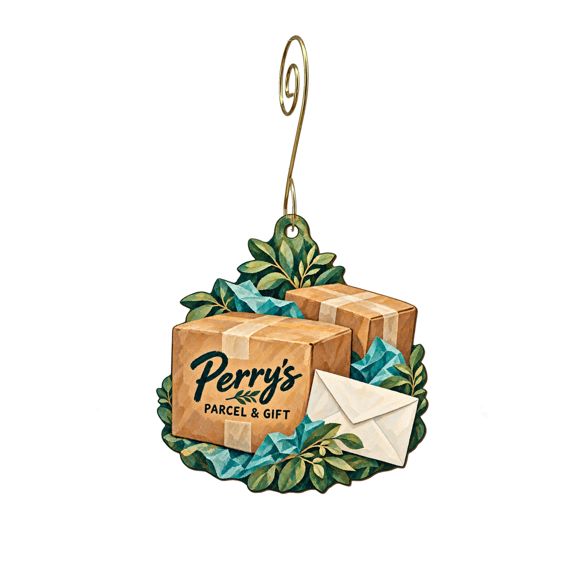 Perry's Parcel and Gift — Store identity custom wood ornament OC2240, photographic gold spiral hook