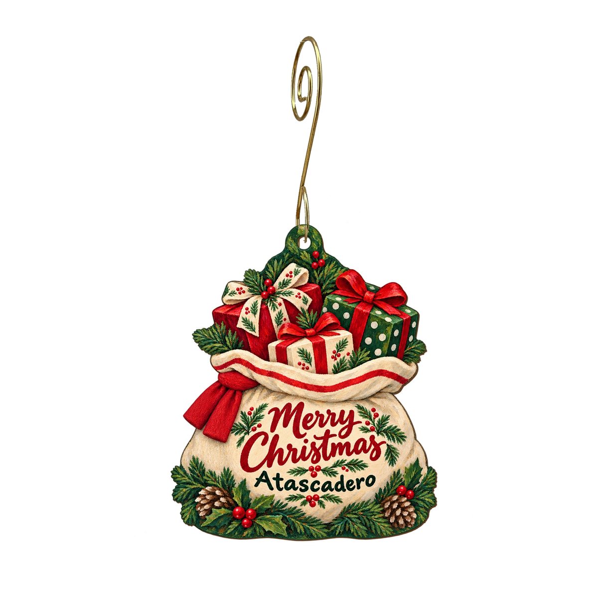 Perry's Parcel and Gift — Christmas custom wood ornament OC2241, photographic gold spiral hook