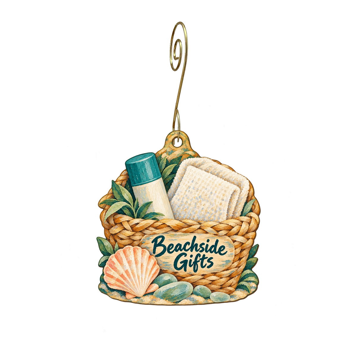 Beachside Gifts — Store identity custom wood ornament OC2243, photographic gold spiral hook