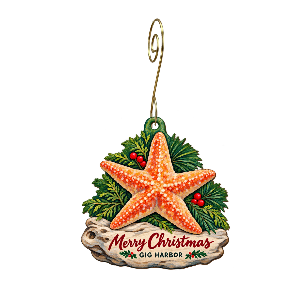 Beachside Gifts — Christmas custom wood ornament OC2244, photographic gold spiral hook