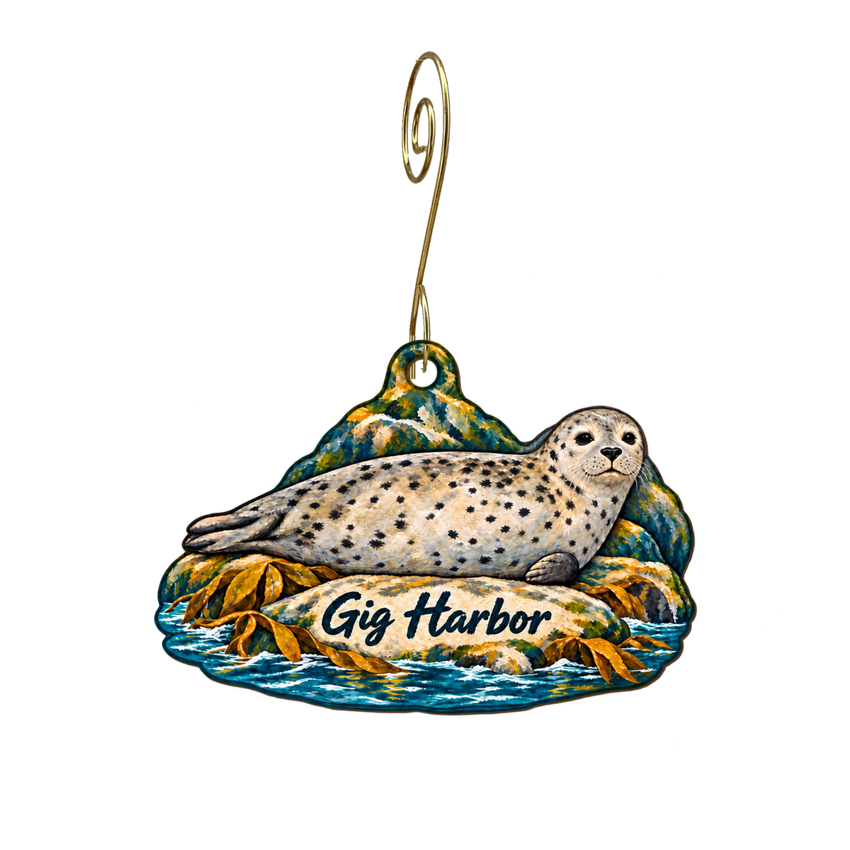 Beachside Gifts — Local inspiration custom wood ornament OC2245, photographic gold spiral hook
