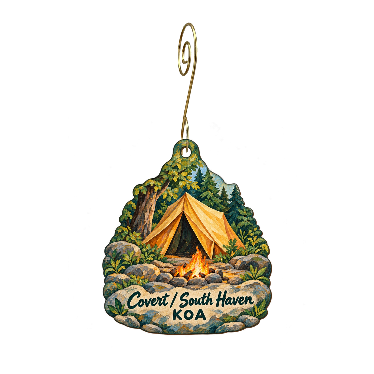 Covert/South Haven KOA — Store identity custom wood ornament OC2249, photographic gold spiral hook