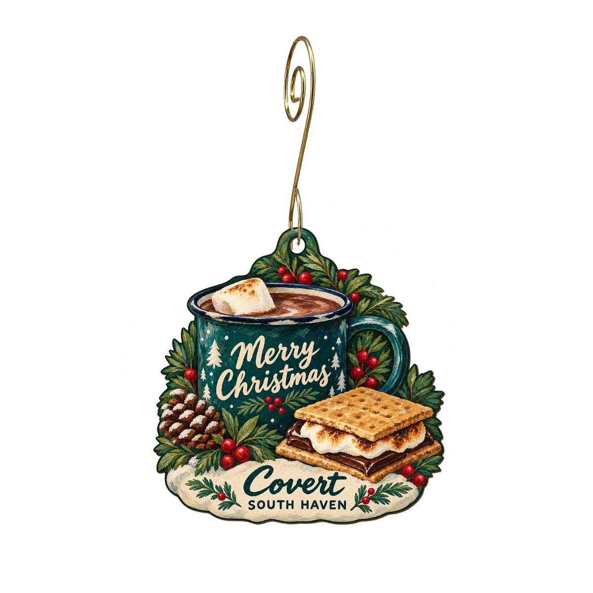 Covert/South Haven KOA — Christmas custom wood ornament OC2250, photographic gold spiral hook
