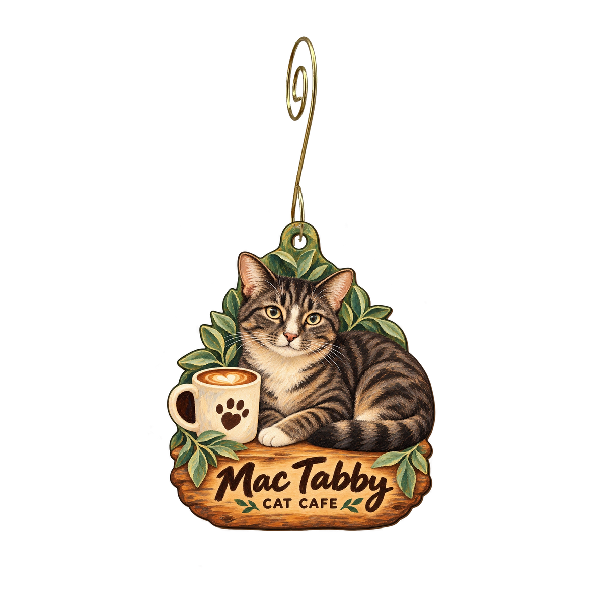 Mac Tabby Cat Cafe — Store identity custom wood ornament OC2252, photographic gold spiral hook