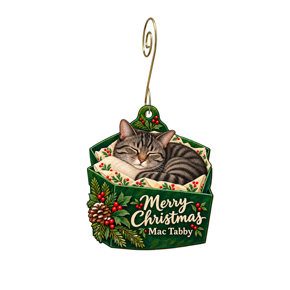Mac Tabby Cat Cafe — Christmas custom wood ornament OC2253, photographic gold spiral hook