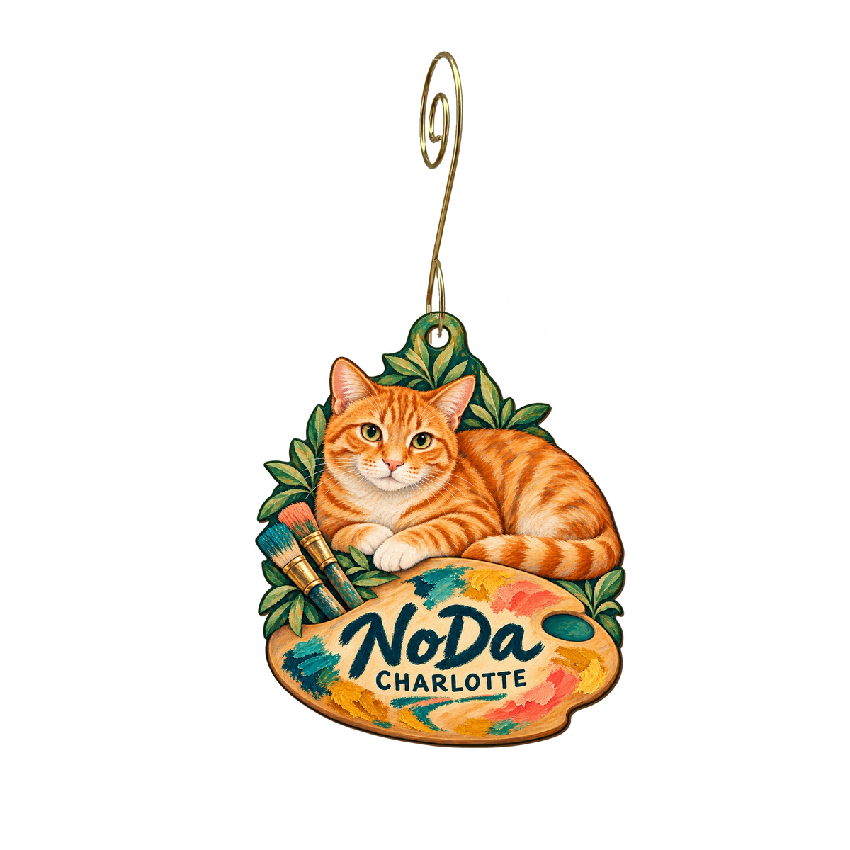 Mac Tabby Cat Cafe — Local inspiration custom wood ornament OC2254, photographic gold spiral hook