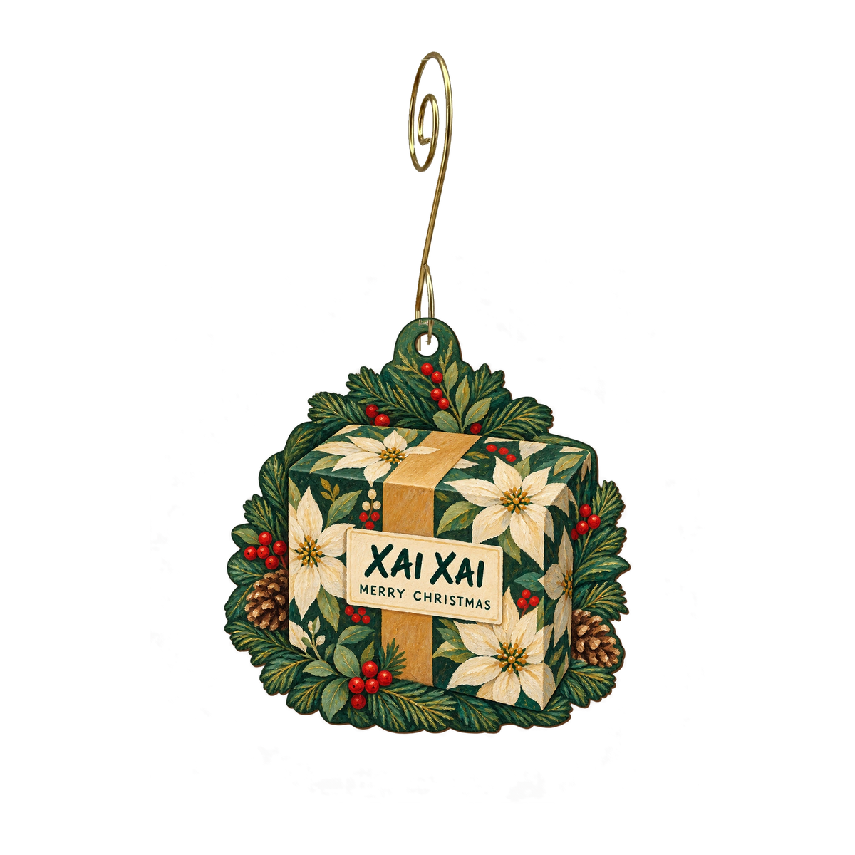 XAI XAI / Kress Emporium — Christmas custom wood ornament OC2259, photographic gold spiral hook