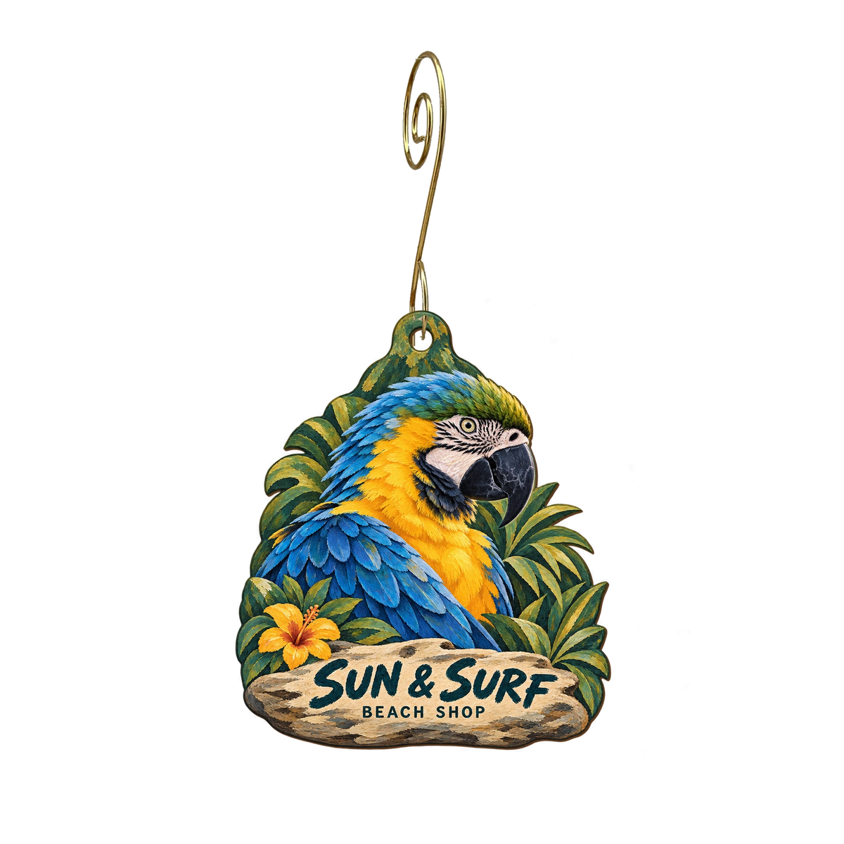 Sun and Surf Beach Shop — Store identity custom wood ornament OC2261, photographic gold spiral hook