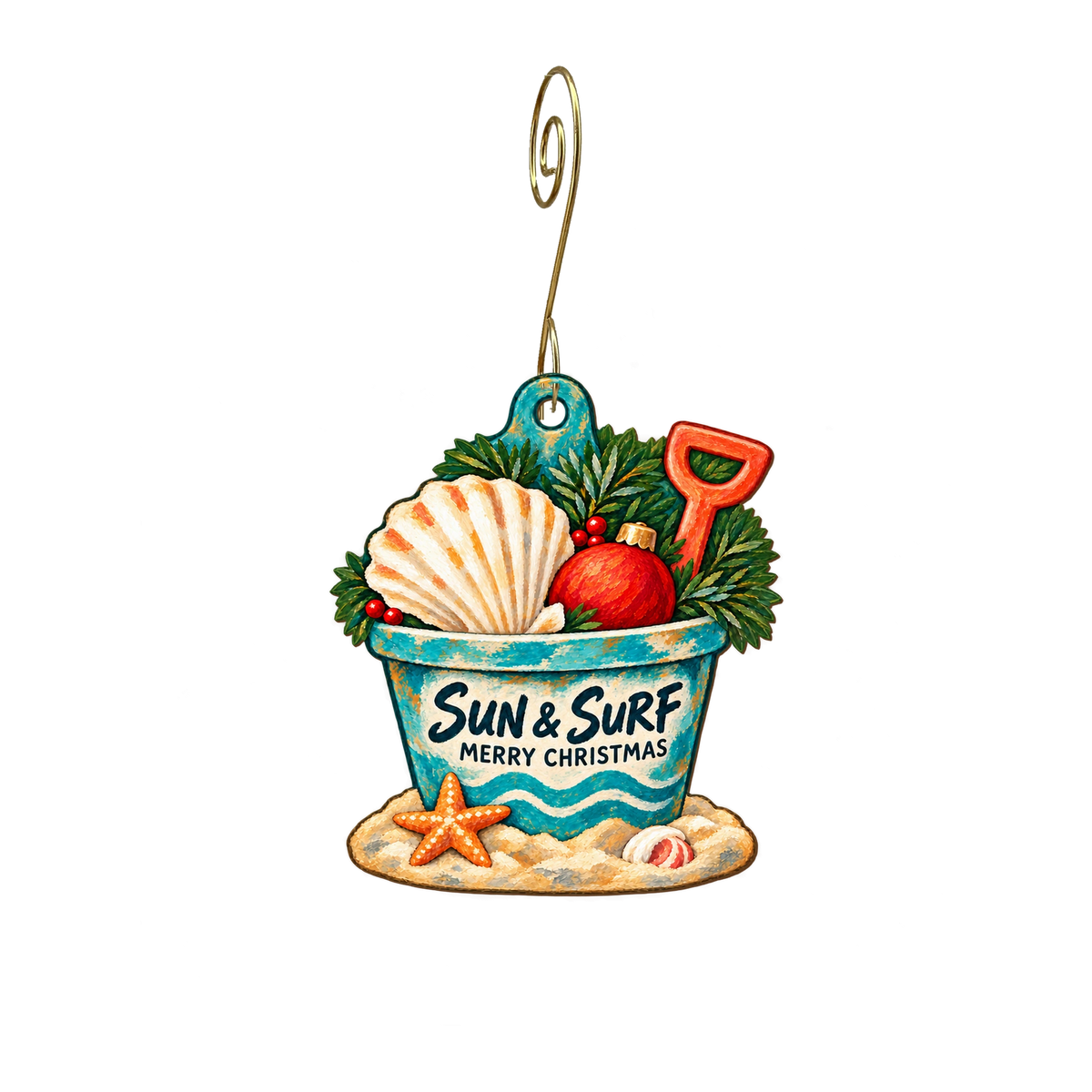 Sun and Surf Beach Shop — Christmas custom wood ornament OC2262, photographic gold spiral hook