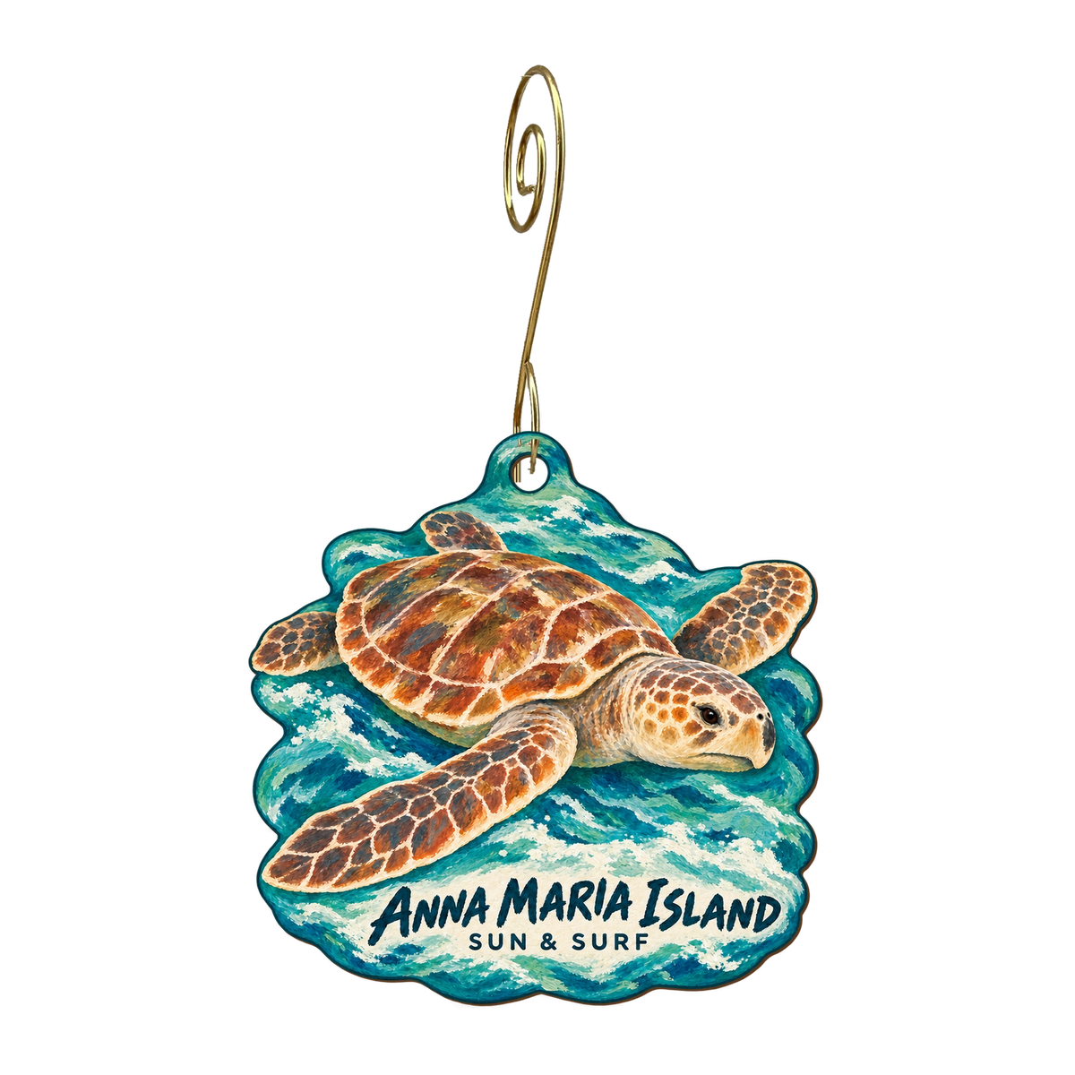 Sun and Surf Beach Shop — Local inspiration custom wood ornament OC2263, photographic gold spiral hook
