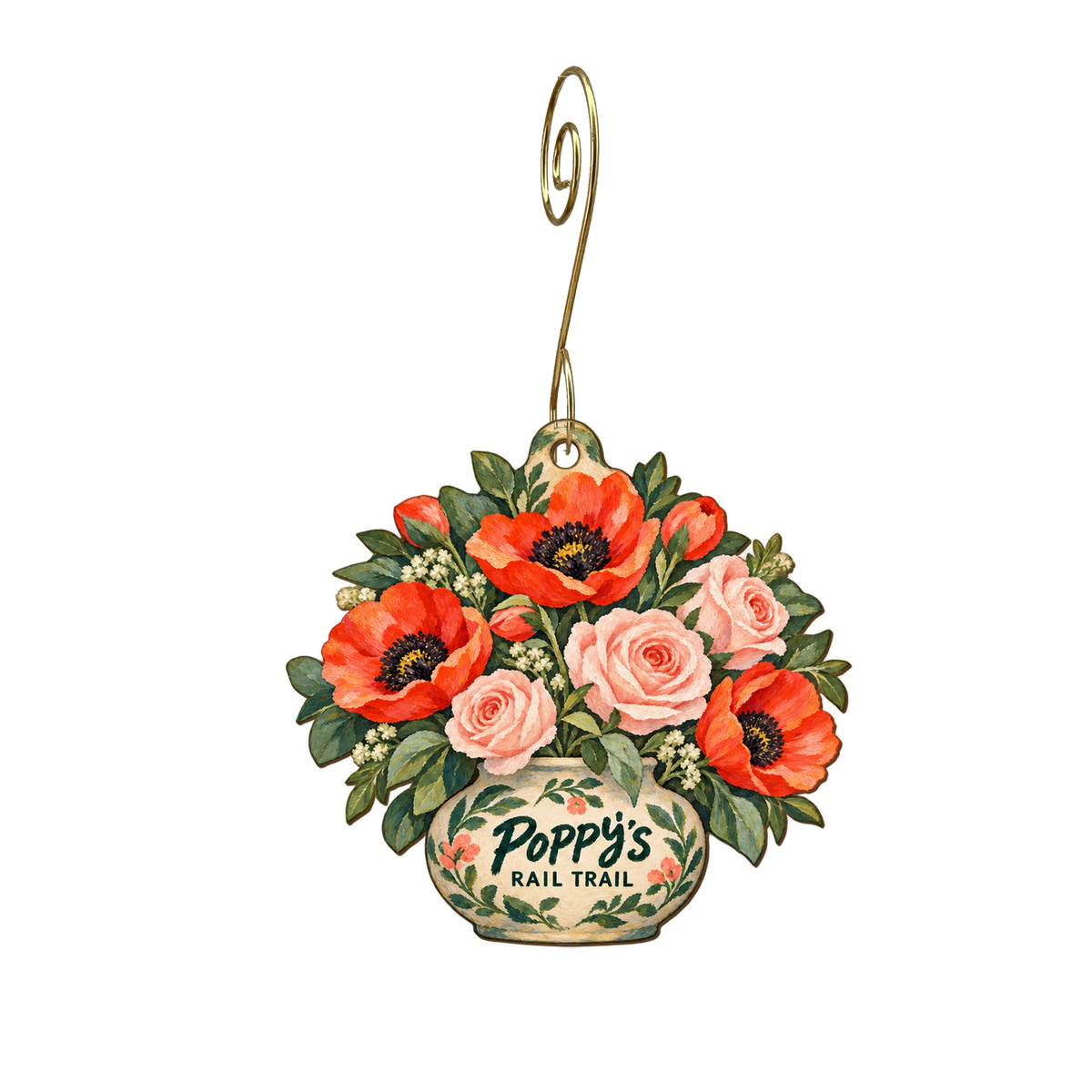Poppy's Rail Trail — Store identity custom wood ornament OC2264, photographic gold spiral hook