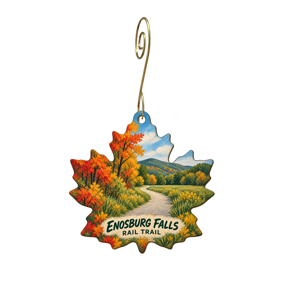 Poppy's Rail Trail — Local inspiration custom wood ornament OC2266, photographic gold spiral hook