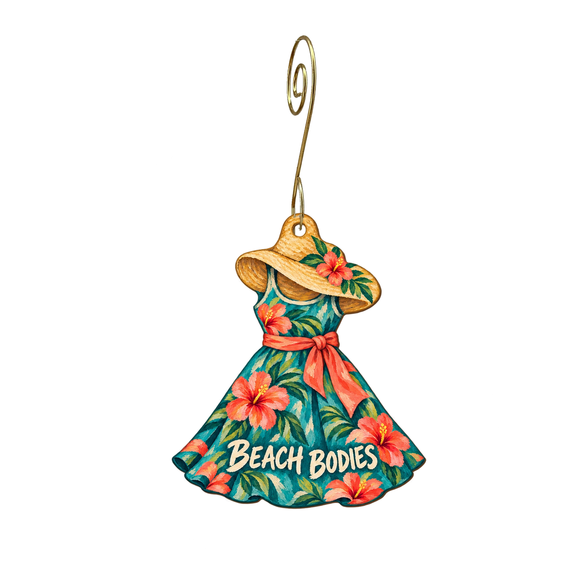 Beach Bodies — Store identity custom wood ornament OC2267, photographic gold spiral hook