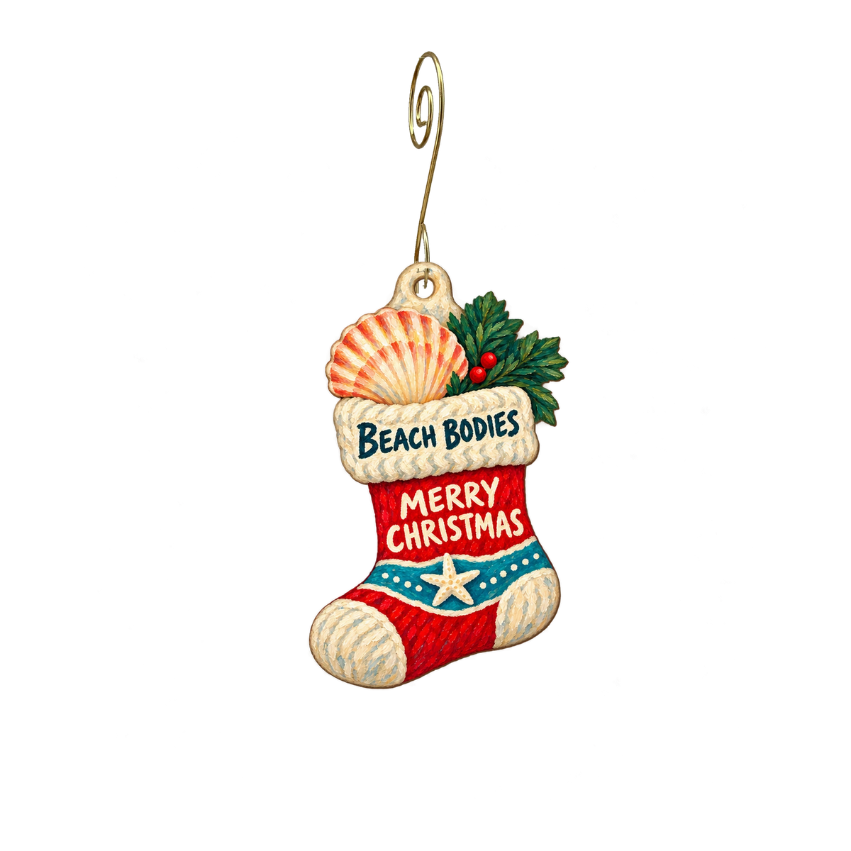 Beach Bodies — Christmas custom wood ornament OC2268, photographic gold spiral hook