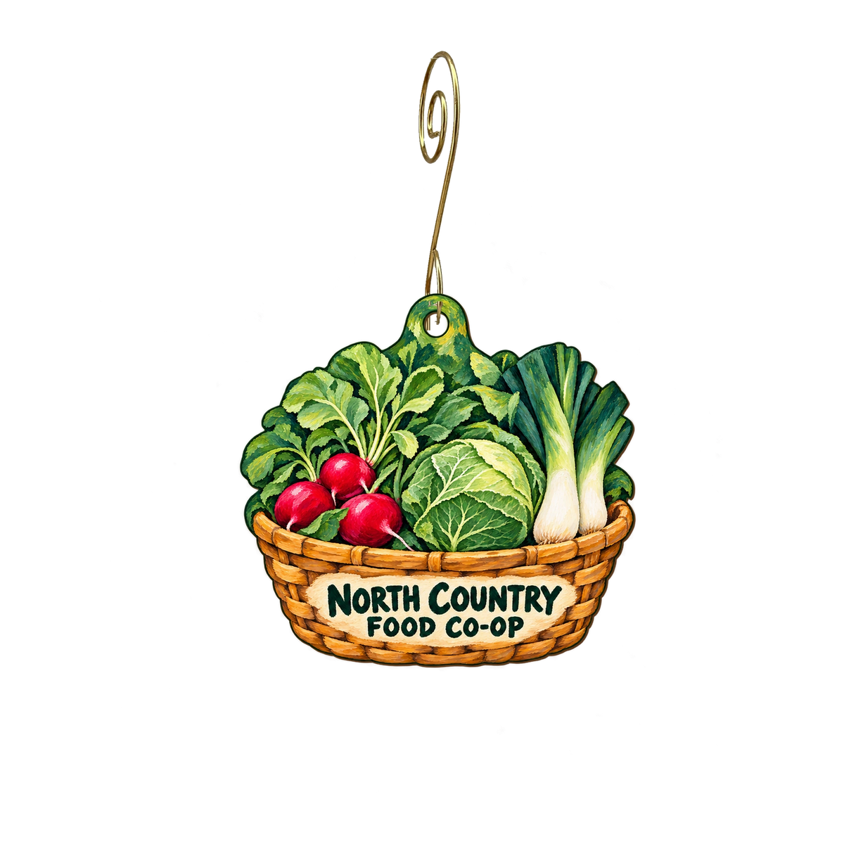North Country Co-op — Store identity custom wood ornament OC2270, photographic gold spiral hook