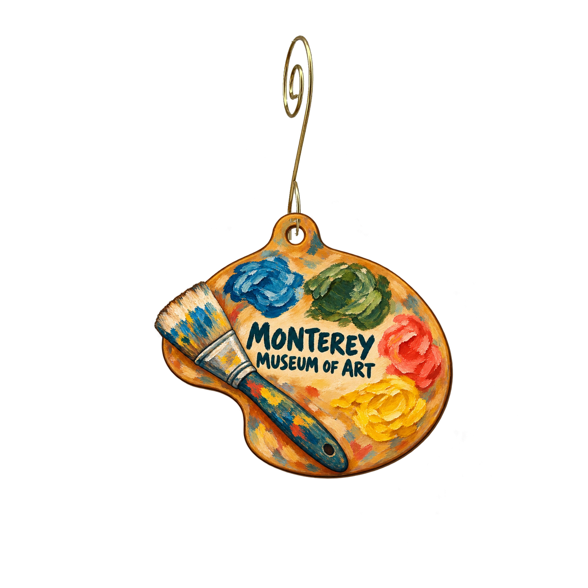Monterey Museum of Art — Store identity custom wood ornament OC2273, photographic gold spiral hook