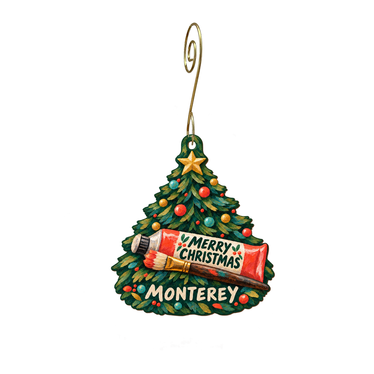 Monterey Museum of Art — Christmas custom wood ornament OC2274, photographic gold spiral hook