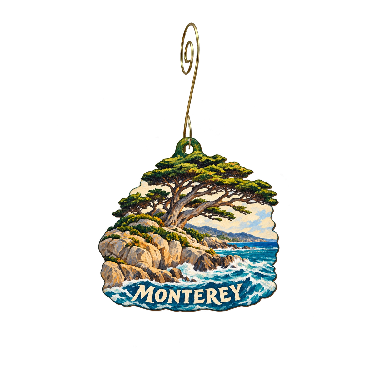 Monterey Museum of Art — Local inspiration custom wood ornament OC2275, photographic gold spiral hook