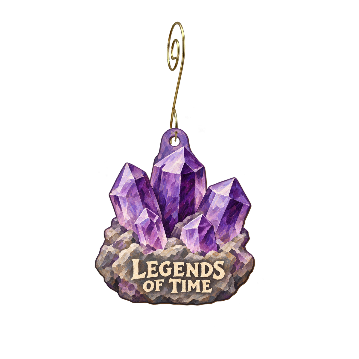 Legends of Time — Store identity custom wood ornament OC2276, photographic gold spiral hook