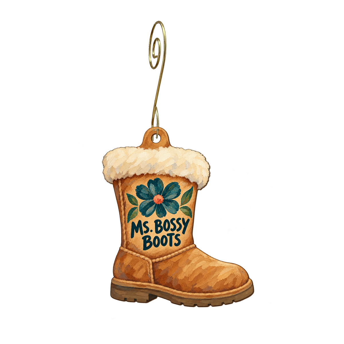Ms Bossy Boots — Store identity custom wood ornament OC2279, photographic gold spiral hook
