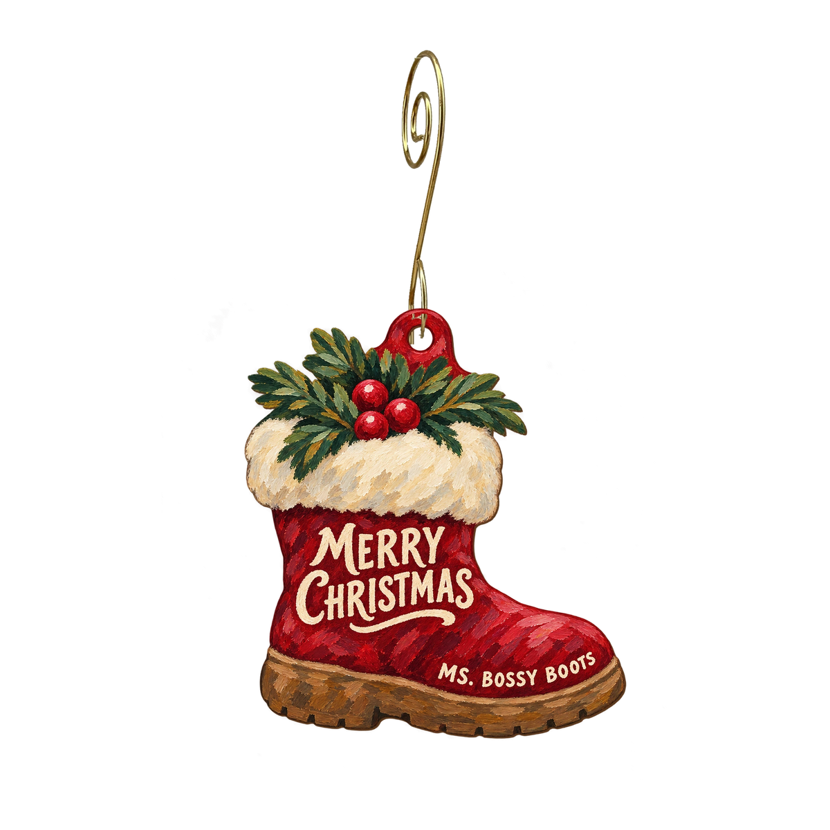 Ms Bossy Boots — Christmas custom wood ornament OC2280, photographic gold spiral hook