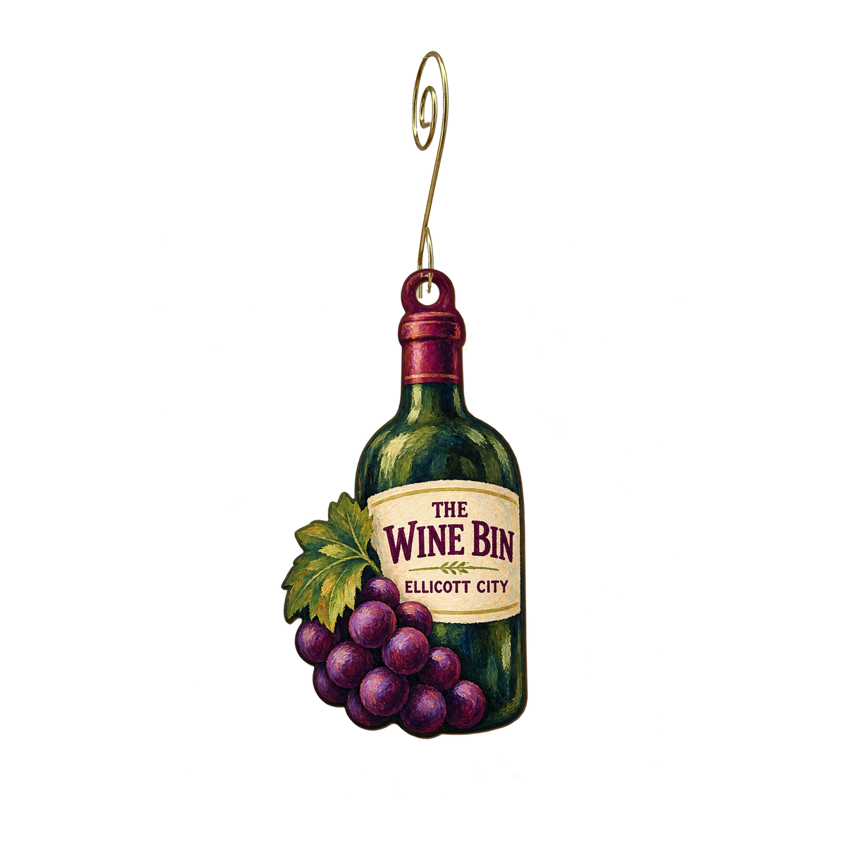 The Wine Bin — Store identity custom wood ornament OC2282, photographic gold spiral hook