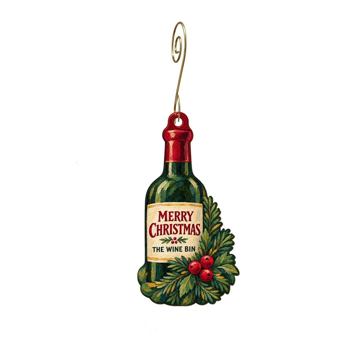 The Wine Bin — Christmas custom wood ornament OC2283, photographic gold spiral hook