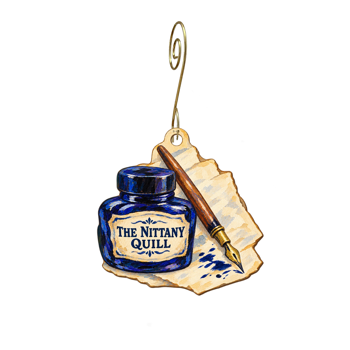 The Nittany Quill — Store identity custom wood ornament OC2285, photographic gold spiral hook