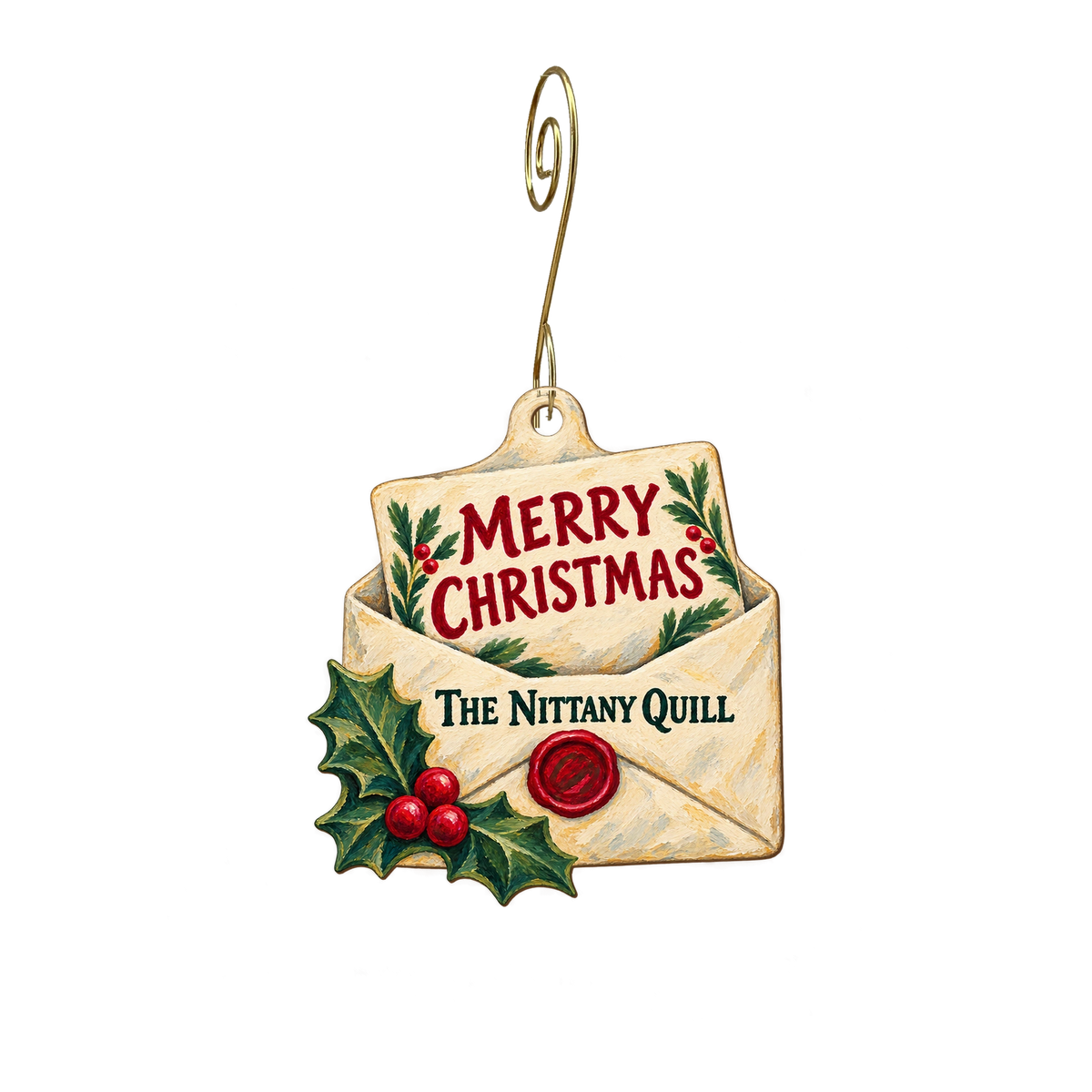 The Nittany Quill — Christmas custom wood ornament OC2286, photographic gold spiral hook