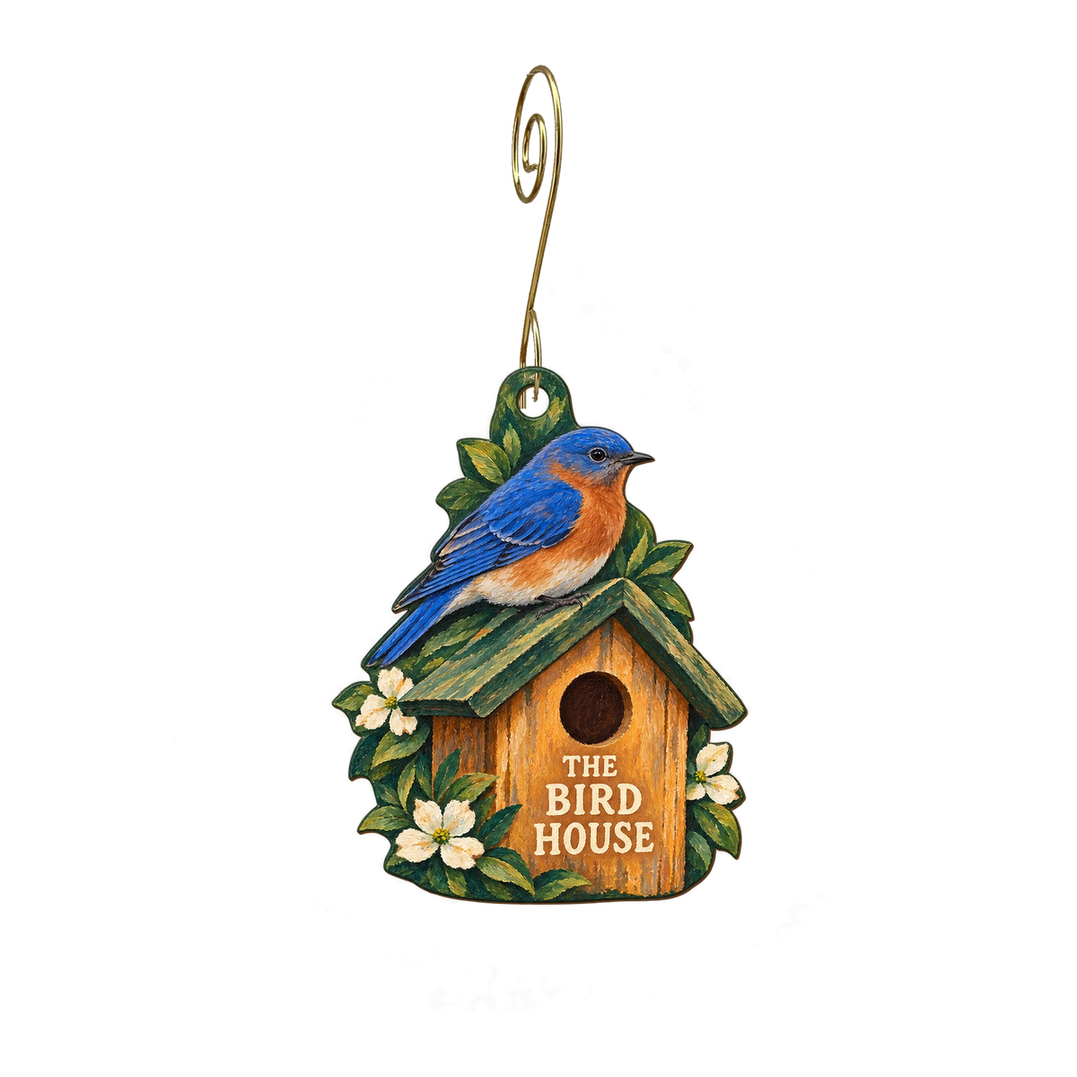 The Bird House NY — Store identity custom wood ornament OC2288, photographic gold spiral hook