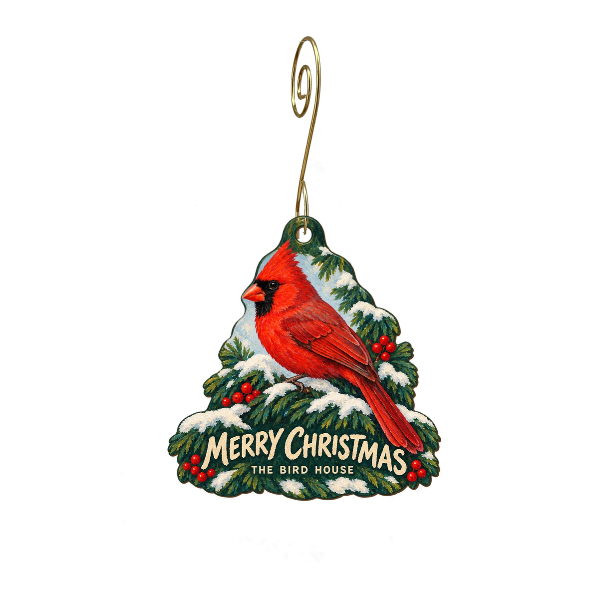 The Bird House NY — Christmas custom wood ornament OC2289, photographic gold spiral hook
