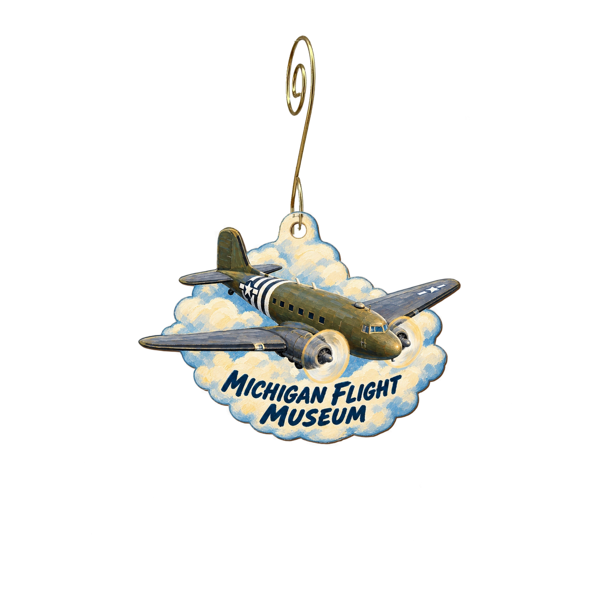 Michigan Flight Museum — Store identity custom wood ornament OC2291, photographic gold spiral hook