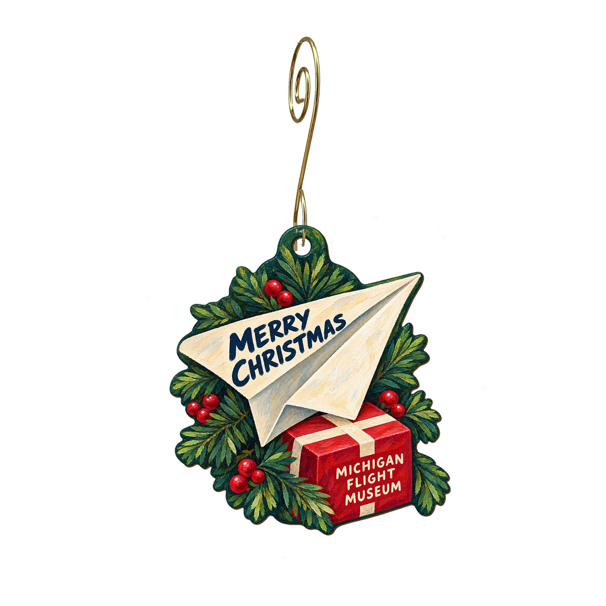 Michigan Flight Museum — Christmas custom wood ornament OC2292, photographic gold spiral hook