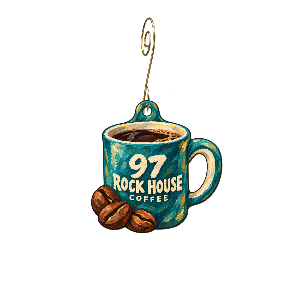 97 Rock House — Store identity custom wood ornament OC2297, photographic gold spiral hook