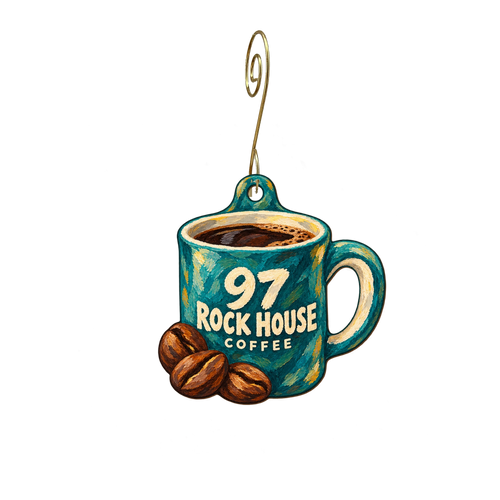 97 Rock House — Store identity custom wood ornament OC2297, photographic gold spiral hook