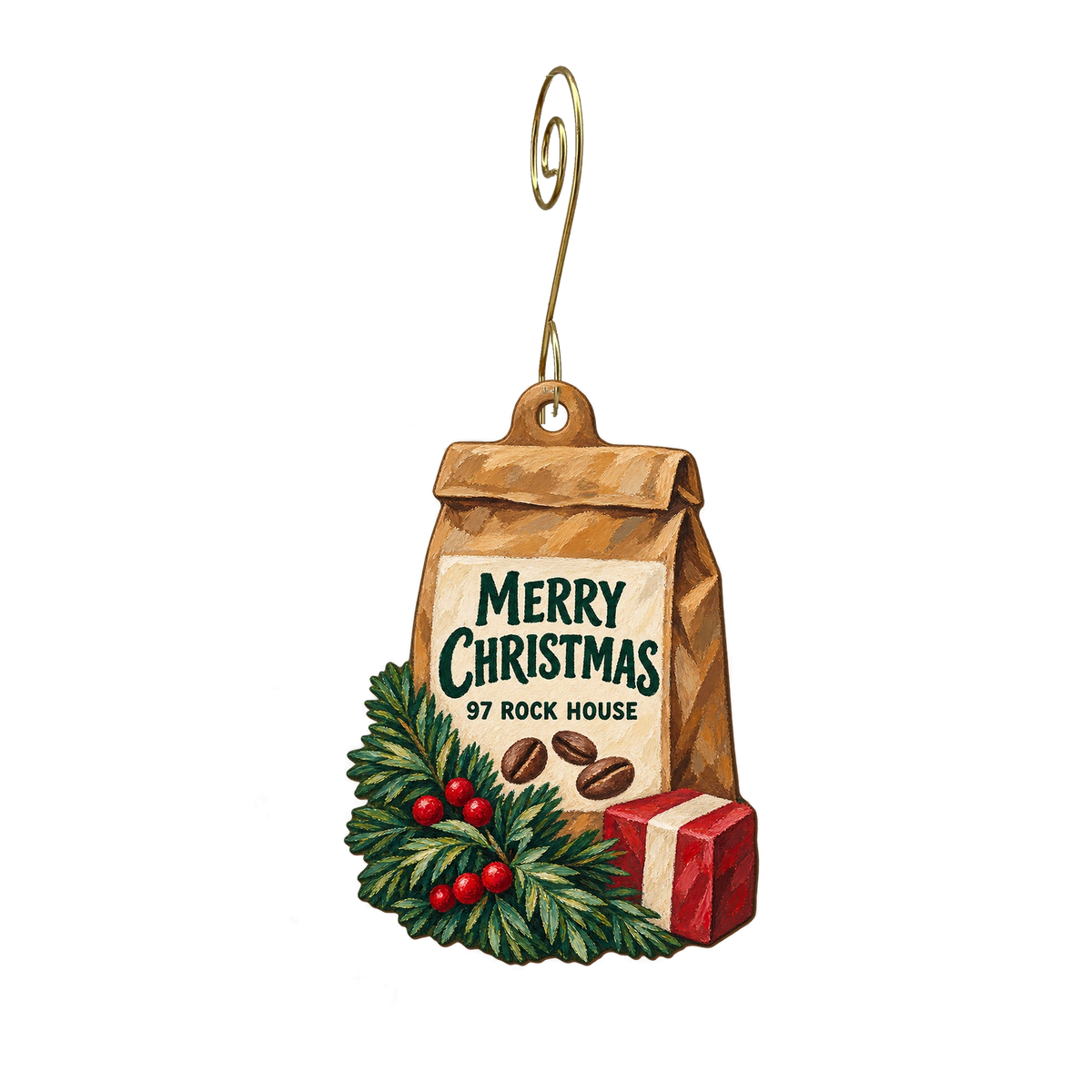 97 Rock House — Christmas custom wood ornament OC2298, photographic gold spiral hook