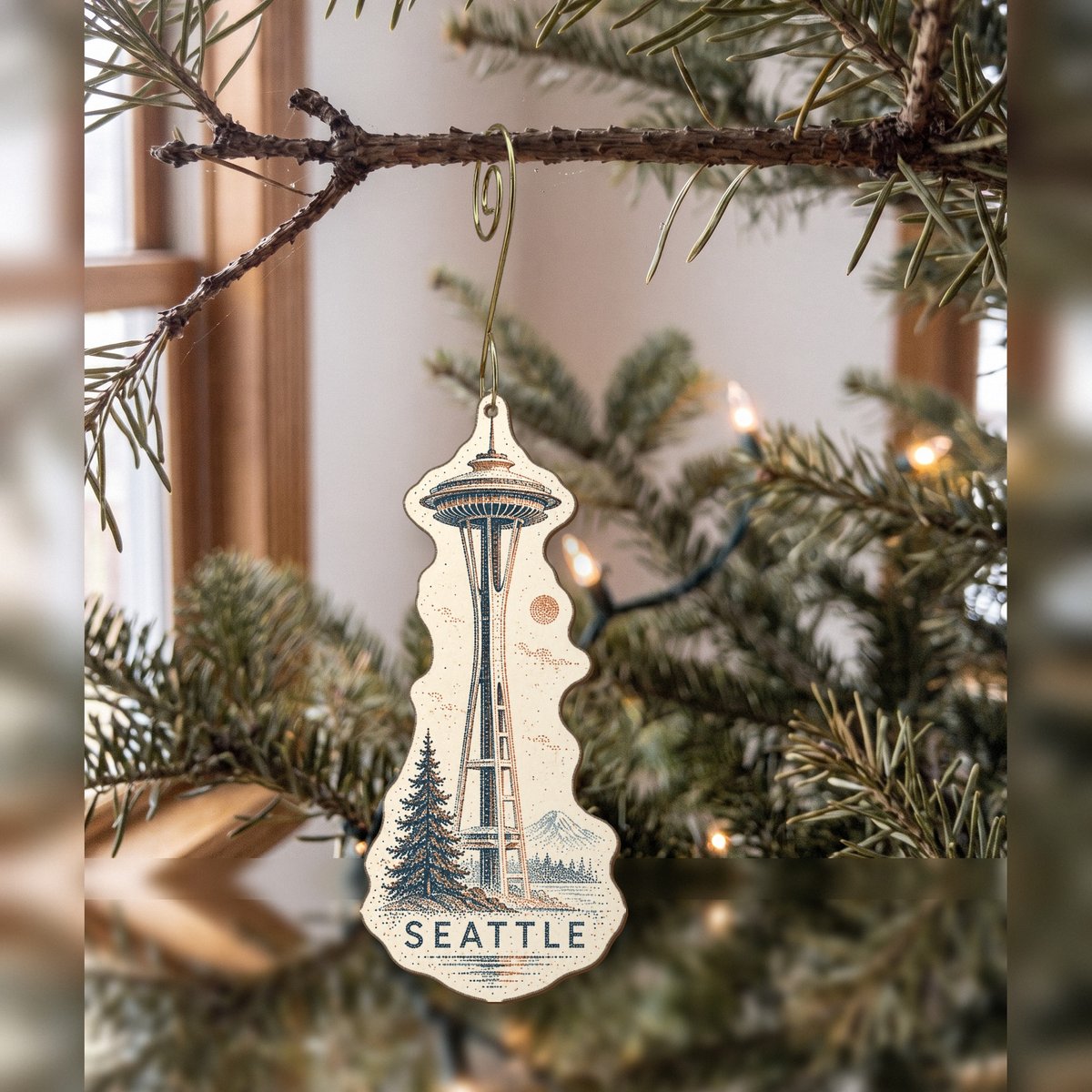WA Seattle Sparse Pointillism Custom Wood Ornament (OC22)