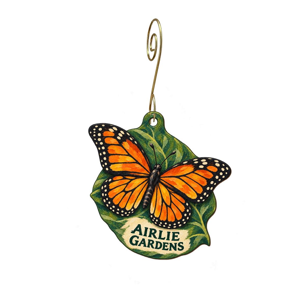 Airlie Gardens Gift Shop — Store identity custom wood ornament OC2300, photographic gold spiral hook
