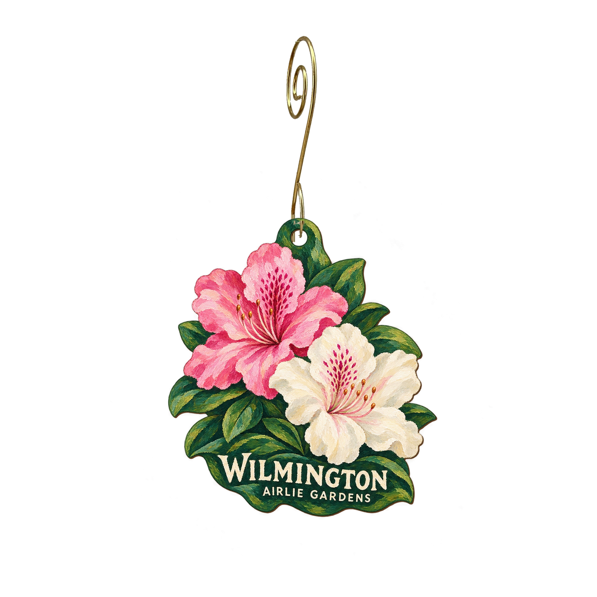 Airlie Gardens Gift Shop — Local inspiration custom wood ornament OC2302, photographic gold spiral hook