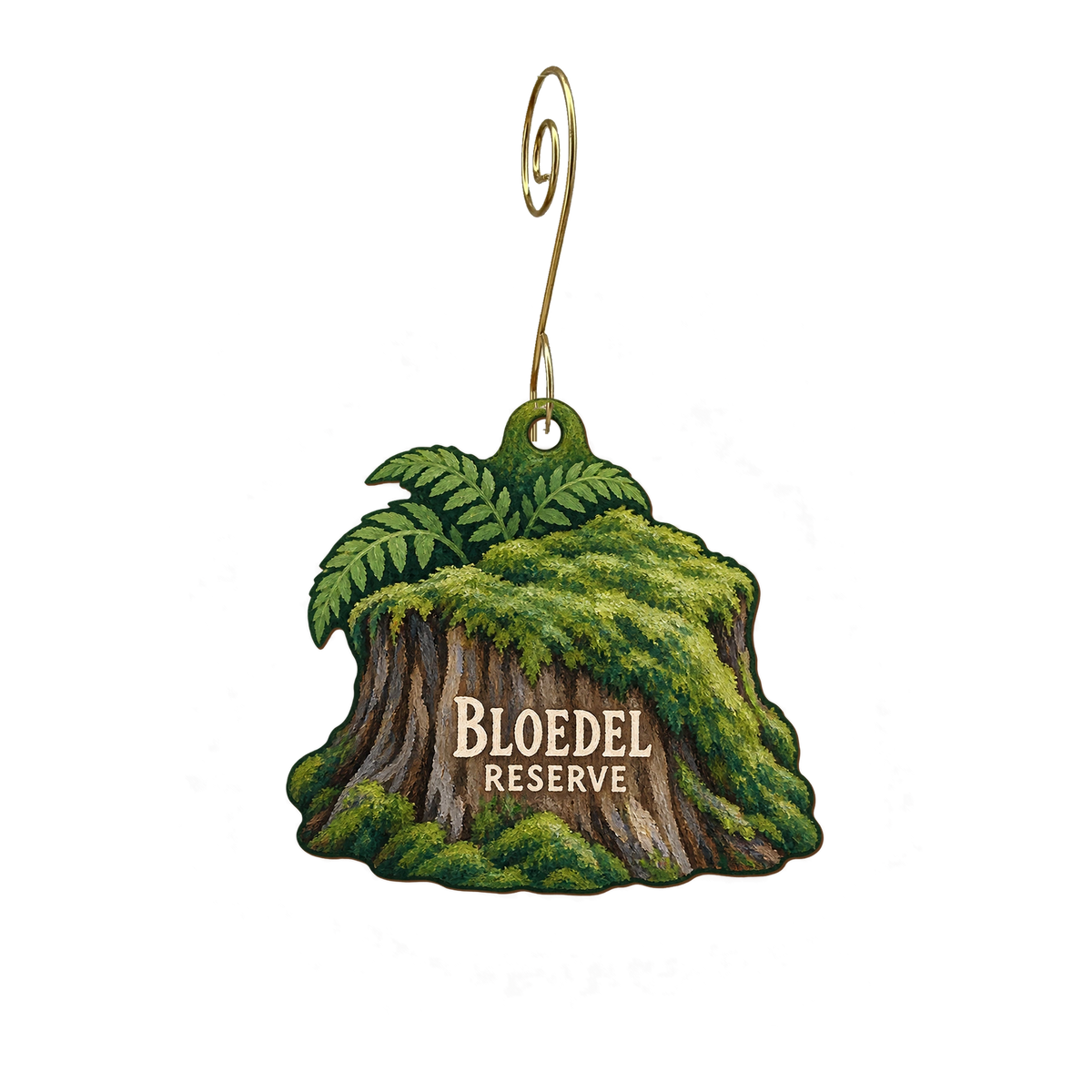 The Shop at Bloedel Reserve — Store identity custom wood ornament OC2303, photographic gold spiral hook