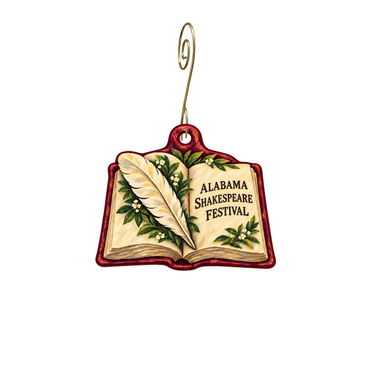 Alabama Shakesepeare Festival gift shop — Store identity custom wood ornament OC2306, photographic gold spiral hook