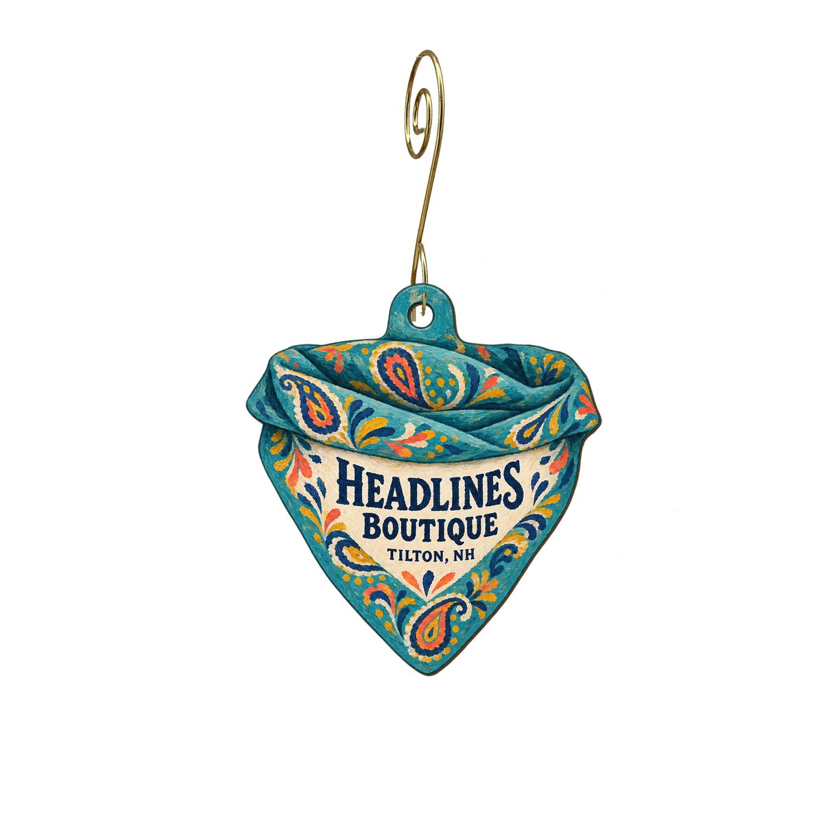 Headlines Boutique — Store identity custom wood ornament OC2309, photographic gold spiral hook