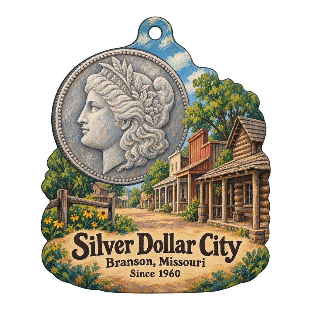 Silver Dollar City Logo custom wood ornament OC230 on white